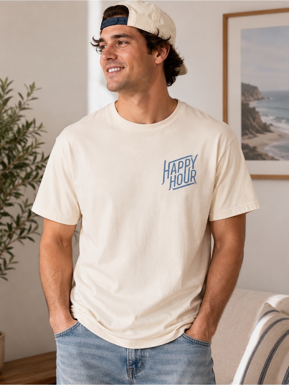 Goodfellow & Co Men’s Happy Hour Graphic T-Shirt Cream Blue Medium